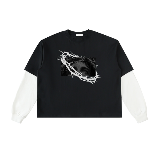 Layered Contrast Sleeve Cotton T-Shirt