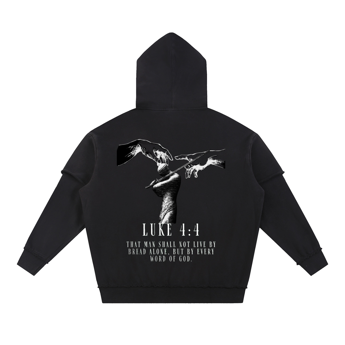 "Luke 4:4" Snow Washed Raw Edge Double Layered Hoodie