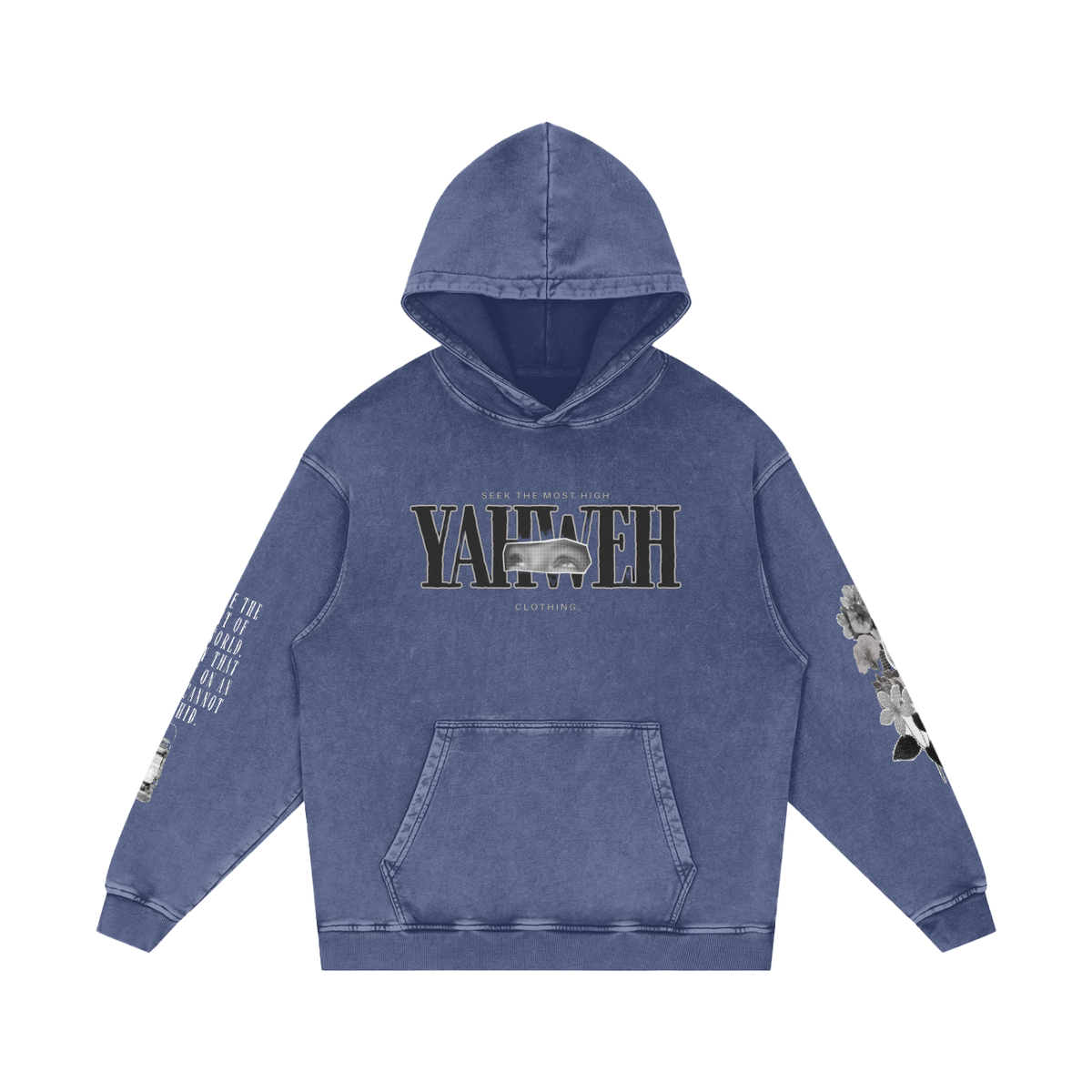 YAHWEH Snow Washed Loose Cotton Hoodie | Blue Design |