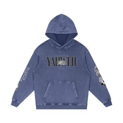 YAHWEH Snow Washed Loose Cotton Hoodie | Blue Design |