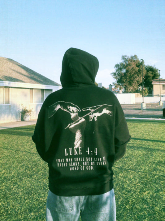 "Luke 4:4" Snow Washed Raw Edge Double Layered Hoodie
